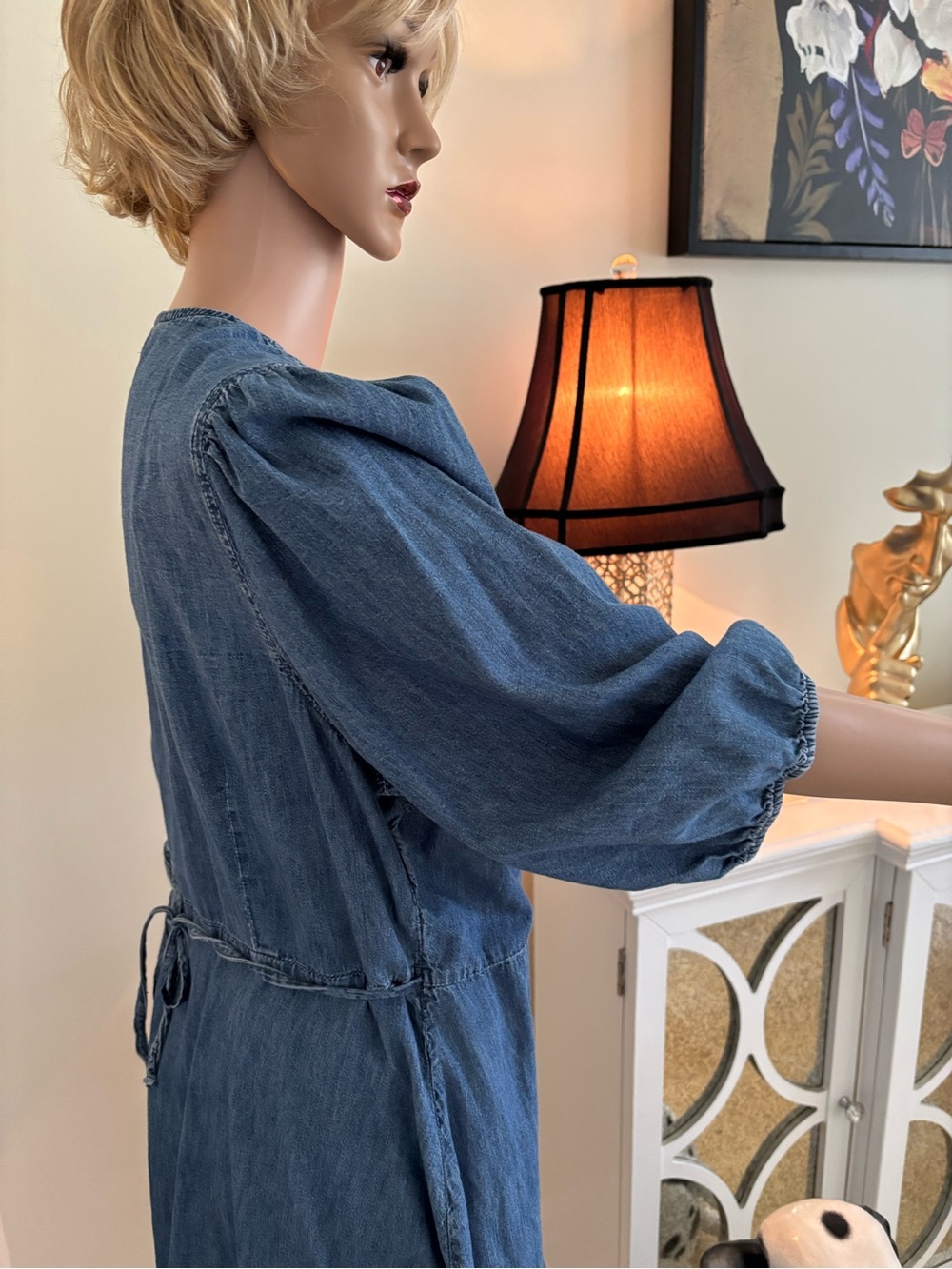 Denim Blue Wrap Ruffle Mini Dress with Puff Sleeves - Picture 9 of 14